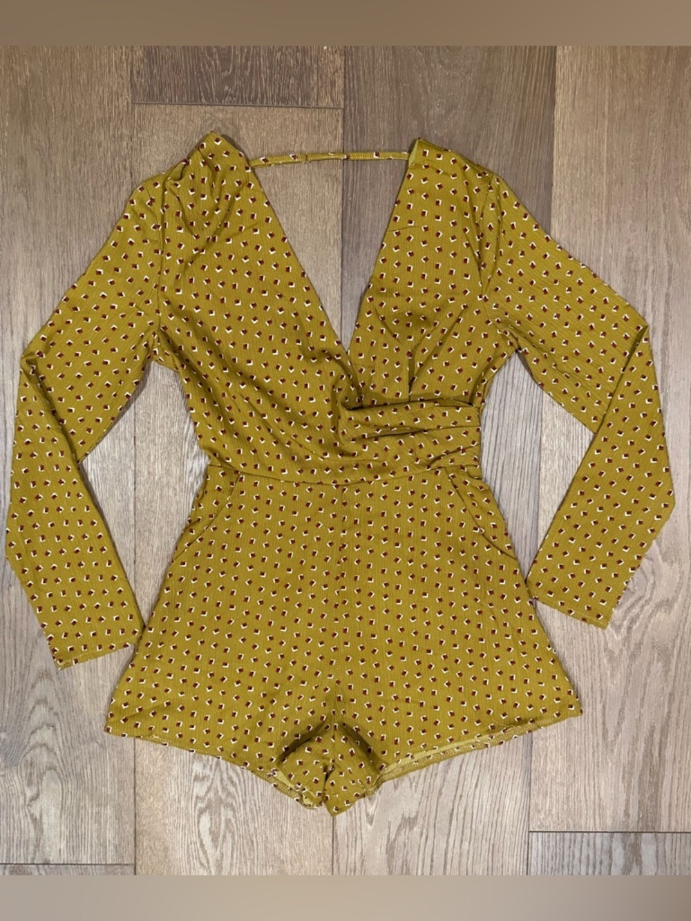 Selfie Leslie Mustard Yellow Polka Dot Long Sleeve Wrap Romper